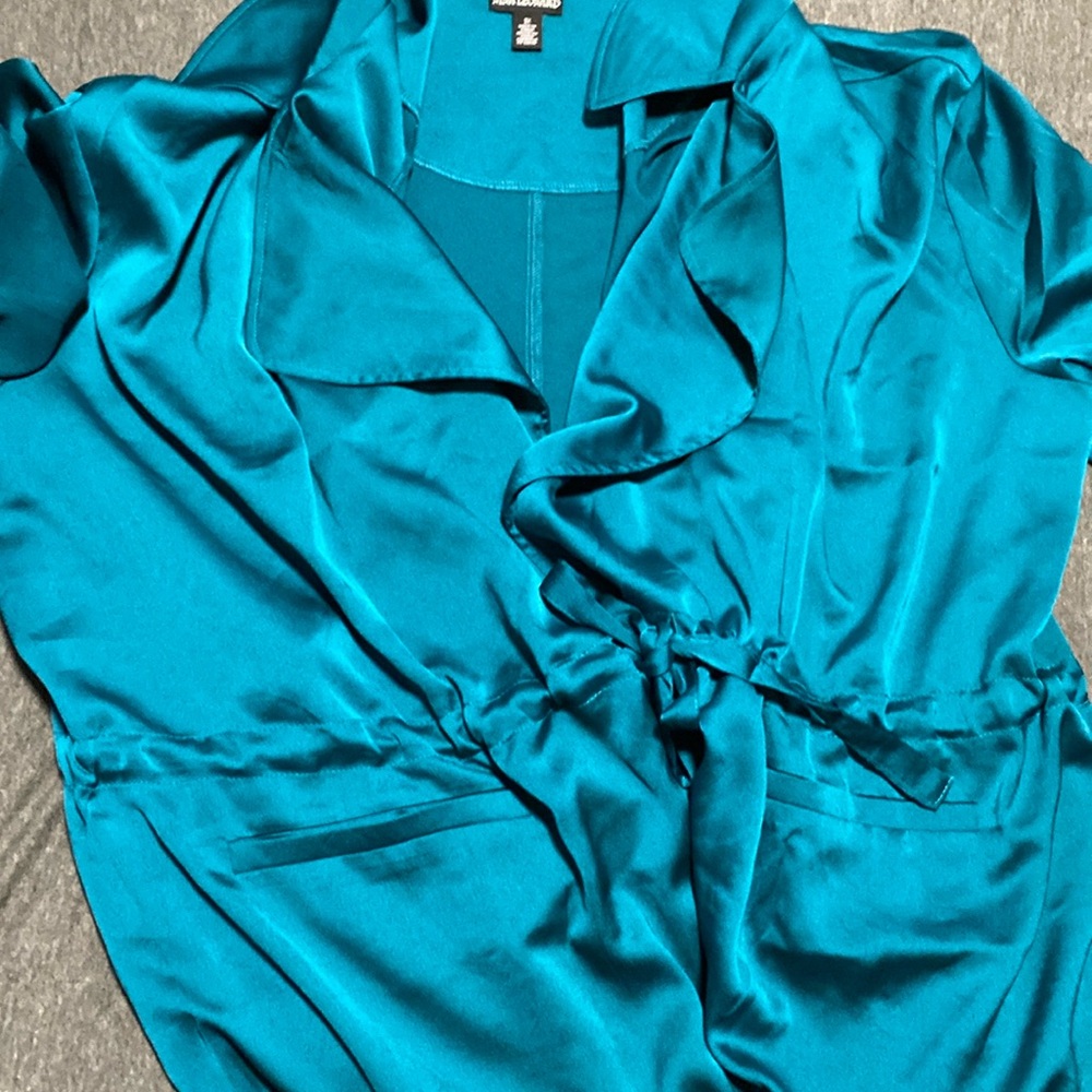 Teal blue satiny tie waist jacket topper